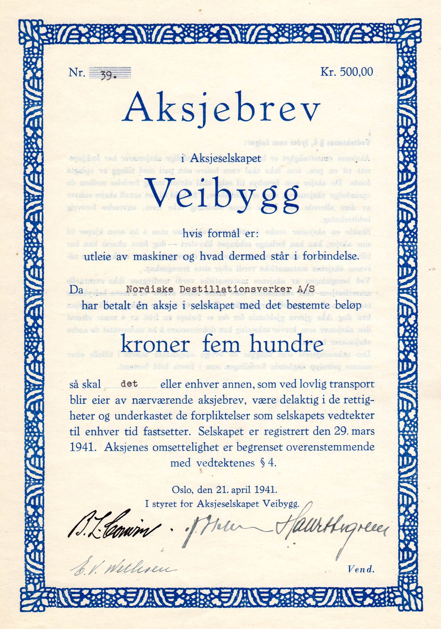Veibygg 1941 Oslo kr 500 pris pr stk 150 n 39/40