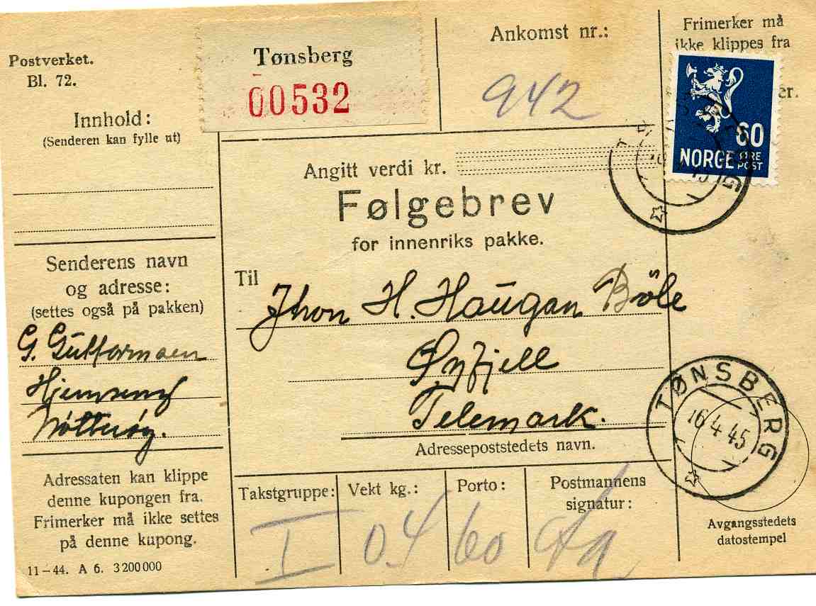 st Tønsberg/Øyfjell 1945