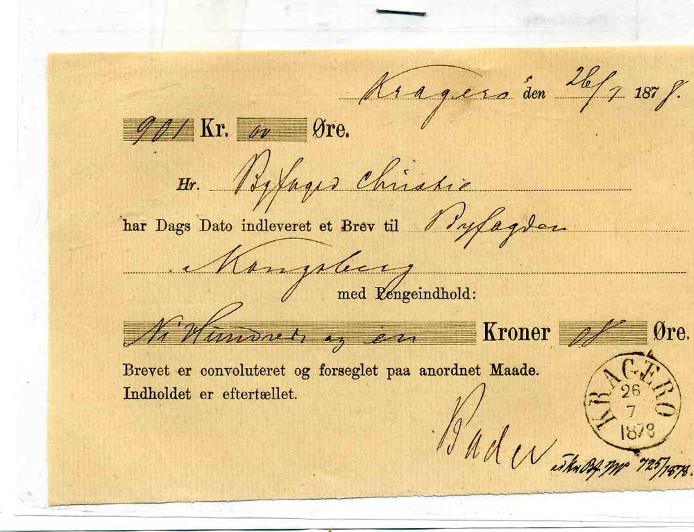 kvittering for verdibrev st Kragerø 1878