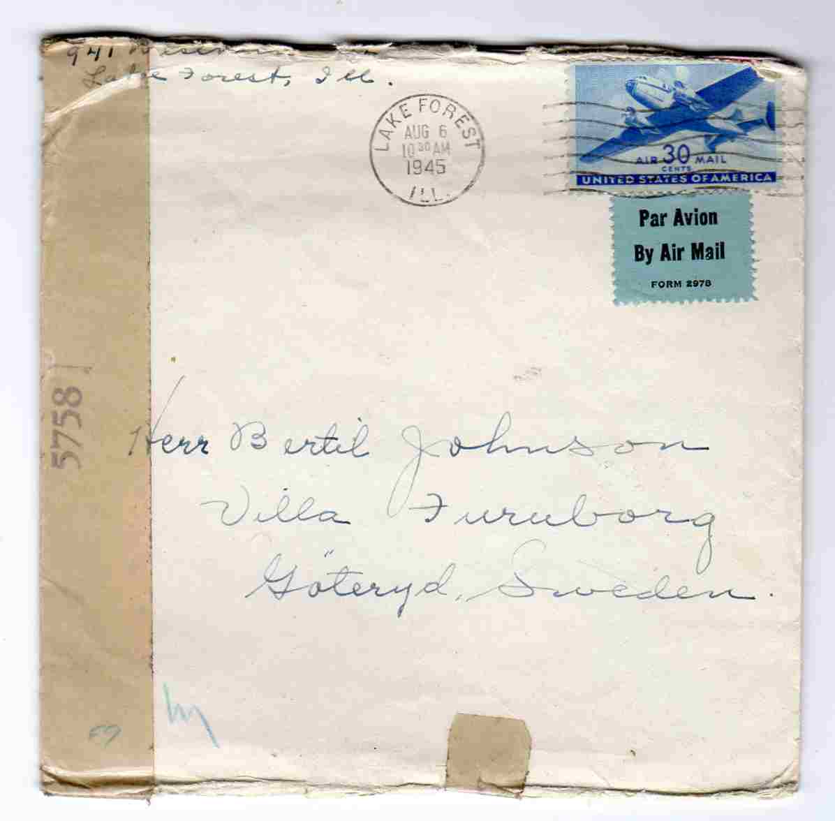 st lake Forest 1945 air mail med brev to Sweden