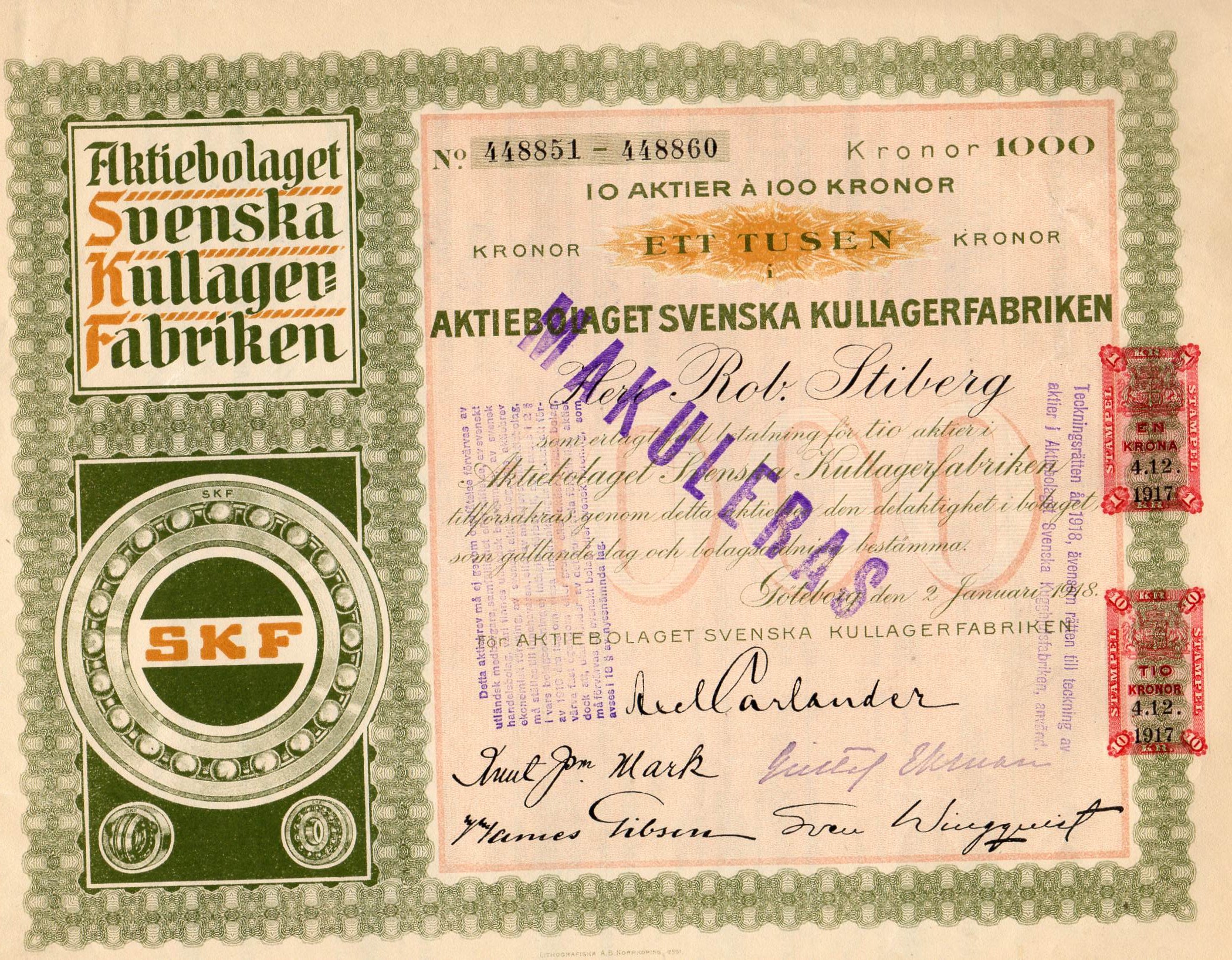 Svenska kullagerfabrikken Gøteborg 1918 kr 1000 nr 448851-448860