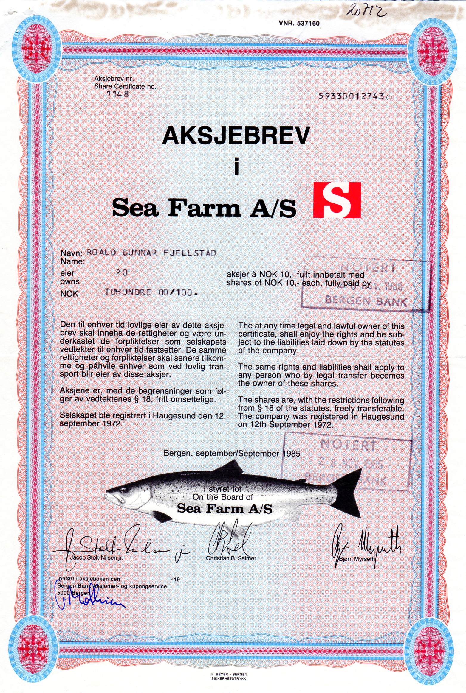 Sea farm bergen 1985 kr 10 nr 1158/1148 pris pr stk
