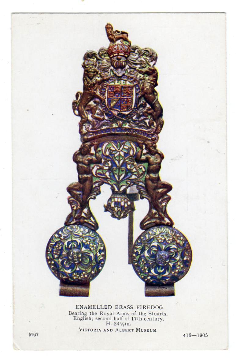 Enamelled brass firedog Royal arms of the stuarts Vivtoria and Albert museum M67 416-1905