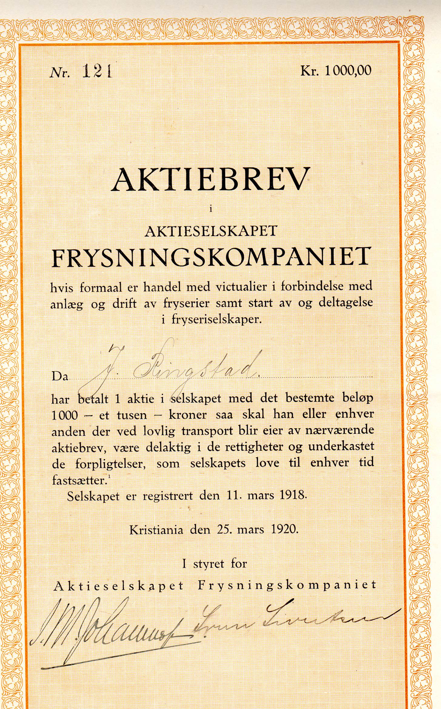 Frysningskompaniet  kristiania 1920 kr 1000 nr 121/118/120 pris pr stk