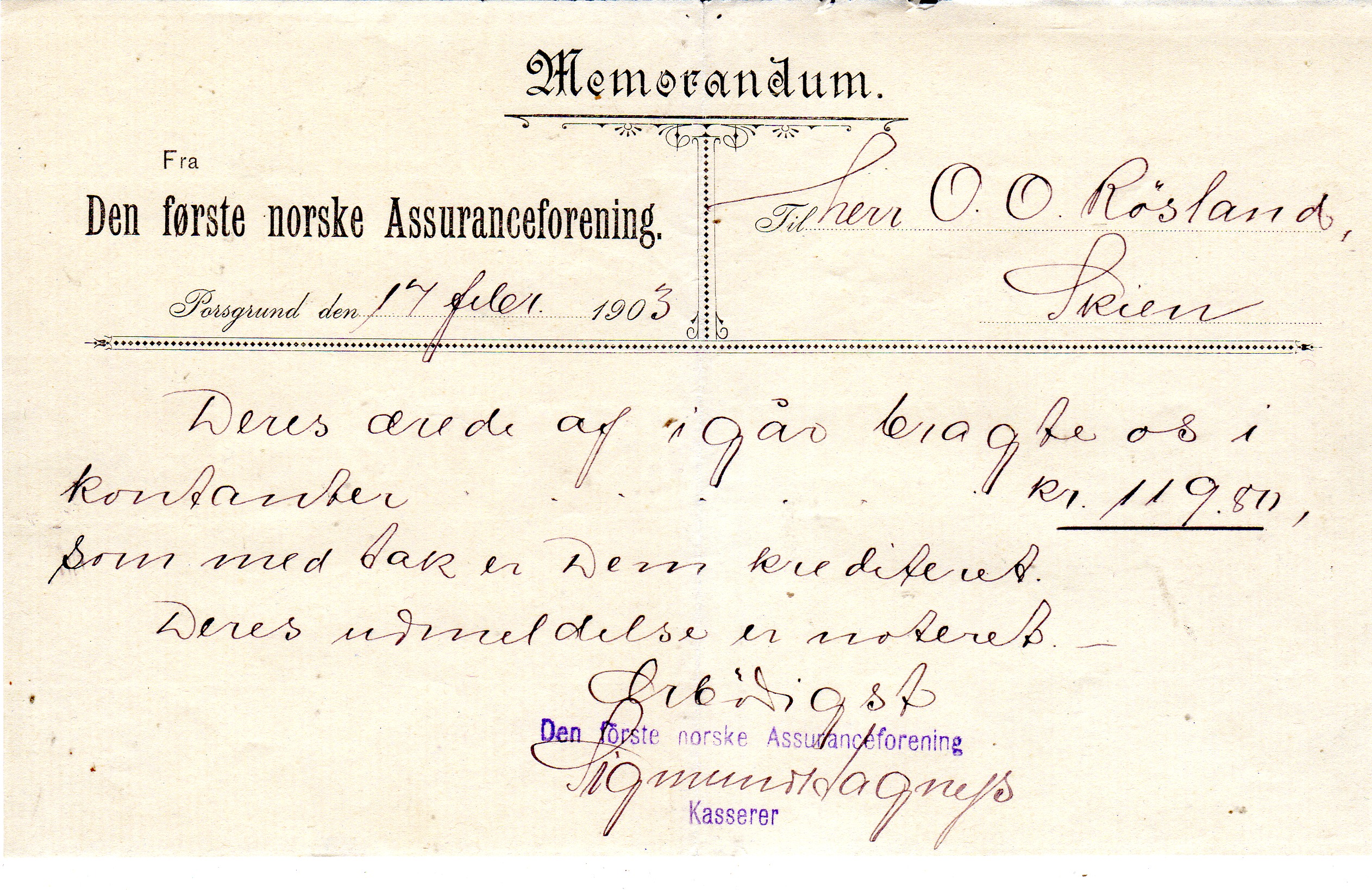 Memorandum Den første norske assuransefprening  Porsgrund 1903