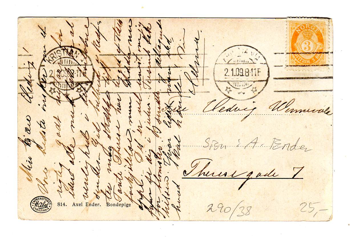 Ender Bondepike Abel nr 814 st Kristiania 1909