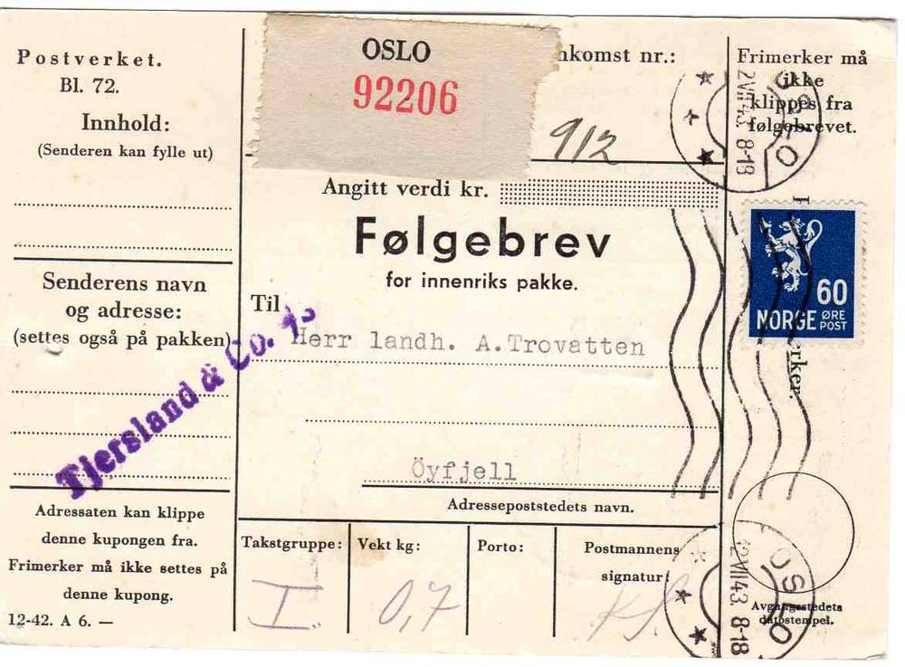 Følgebrev Oslo-Øyfjell 1943 Tjersland