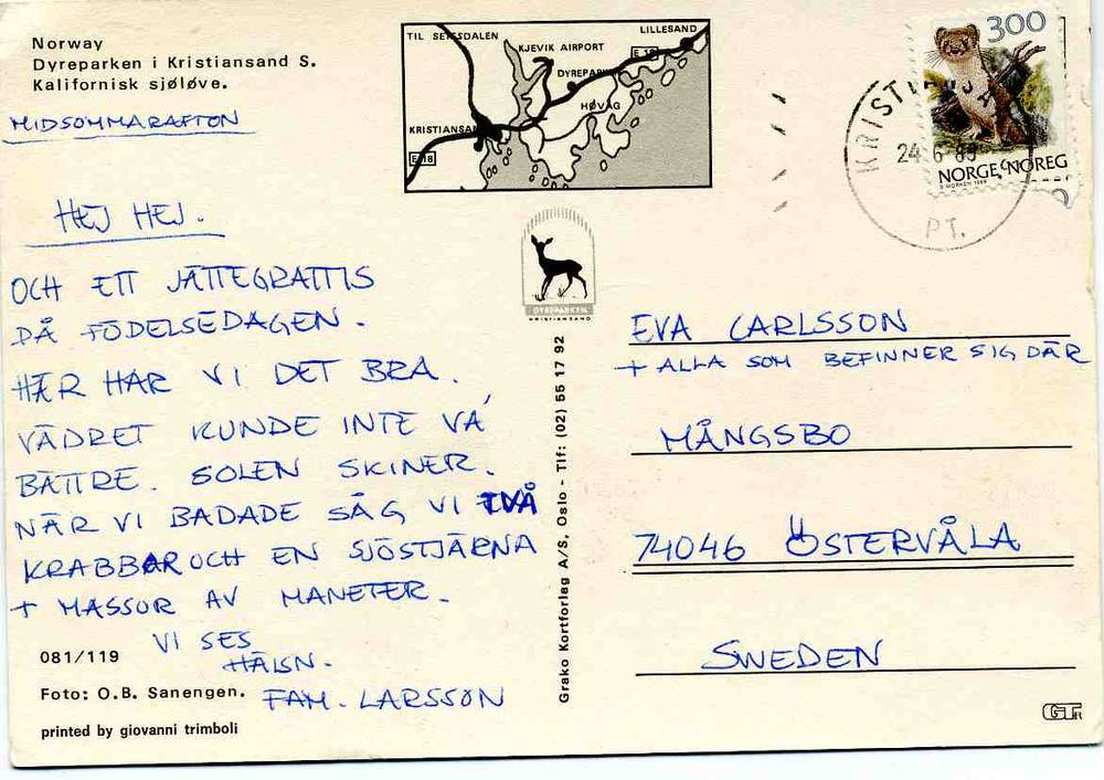 Dyreparken i Kristiansand Kalifornisk sjøløve OB Sanengen 081/119 st krist. 1989