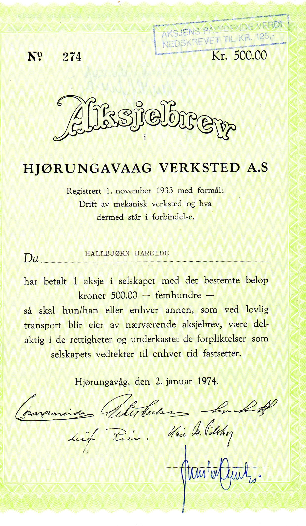 Hjørungavaag verksted kr 500 Hjørungavåg 1974 nr 274/273