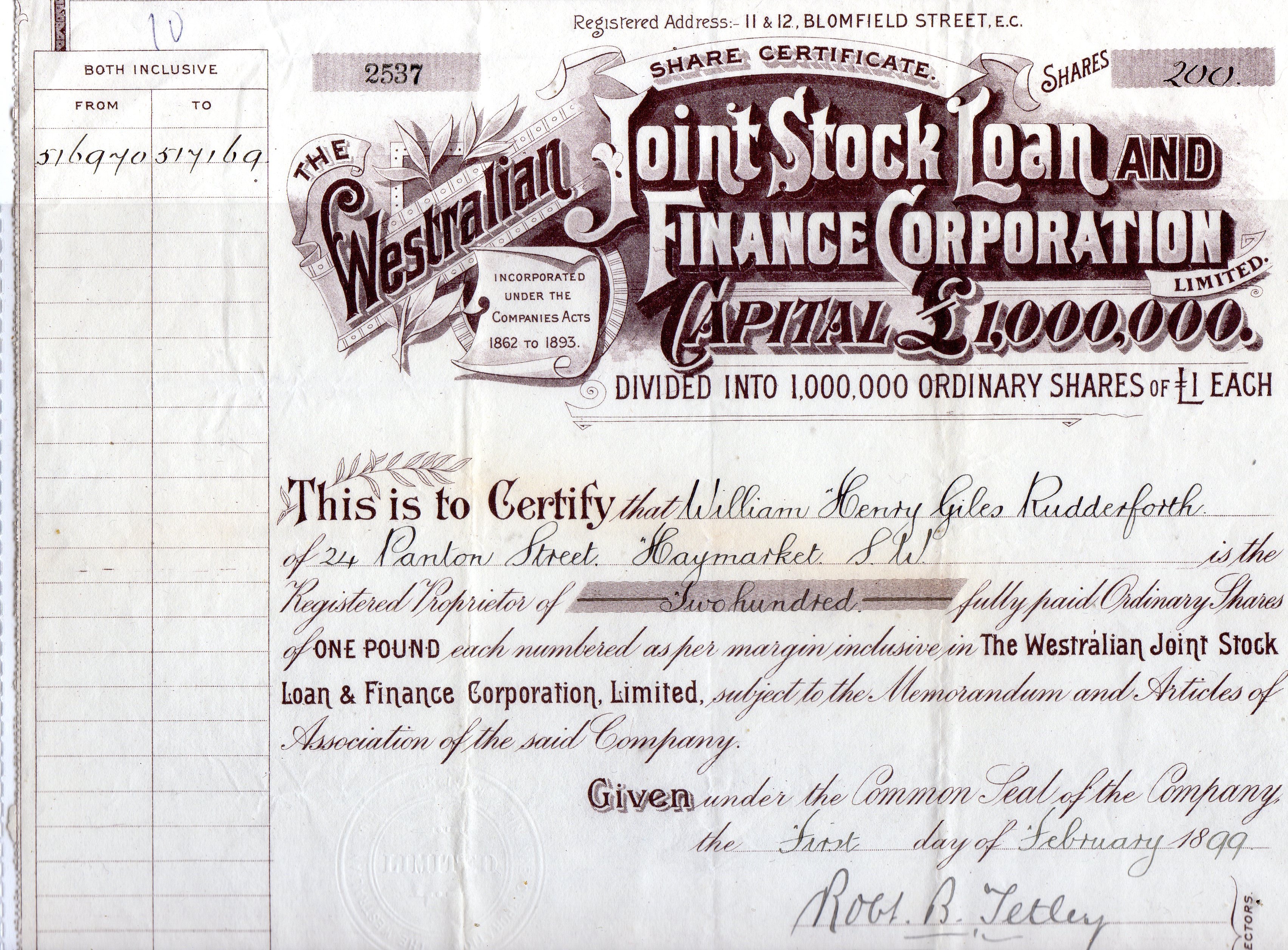 200 aksjer1 pund The Westralian Joint Stock Loan&Finance Corporation nr 2537 1899