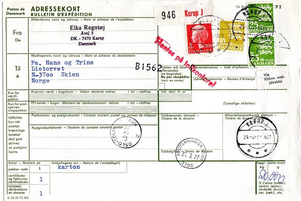 Adressekort st Postterminalen Skien/Karup 1977