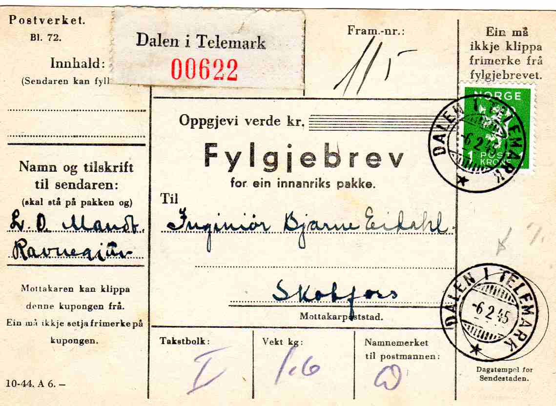 st Dalen i Telemark/Skotfoss 1945