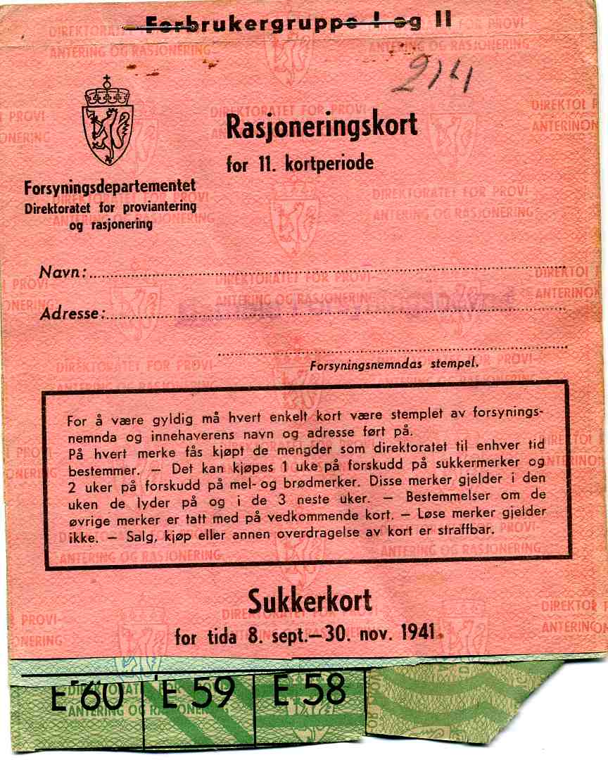 Rasjoneringskort Sukkerkort 8 sept-30 nov 1941/mel og brød/kaffe-te /fettkort