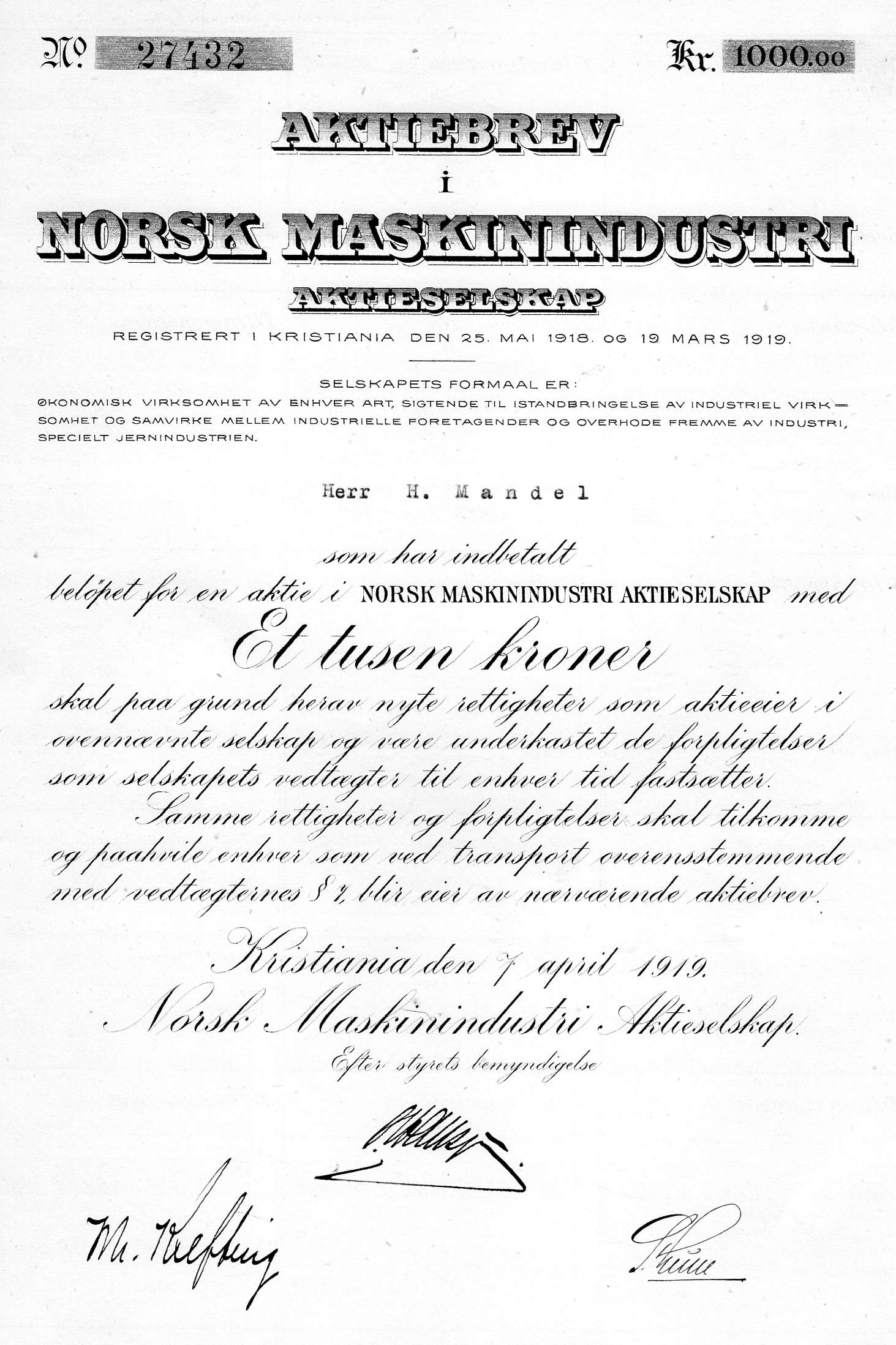 Norsk maskinindustri kristiania 1919 kr 1000 nr 27432/27434/31483 pris pr stk.