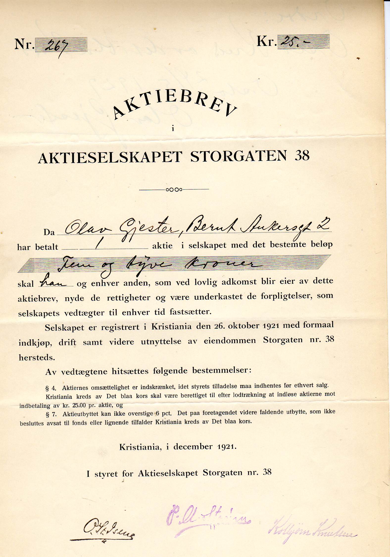 EIN Storgaten 38 (Blå Kors) Kristiania 1921 kr25 nr 267/583 PRIS PR STK kr 70