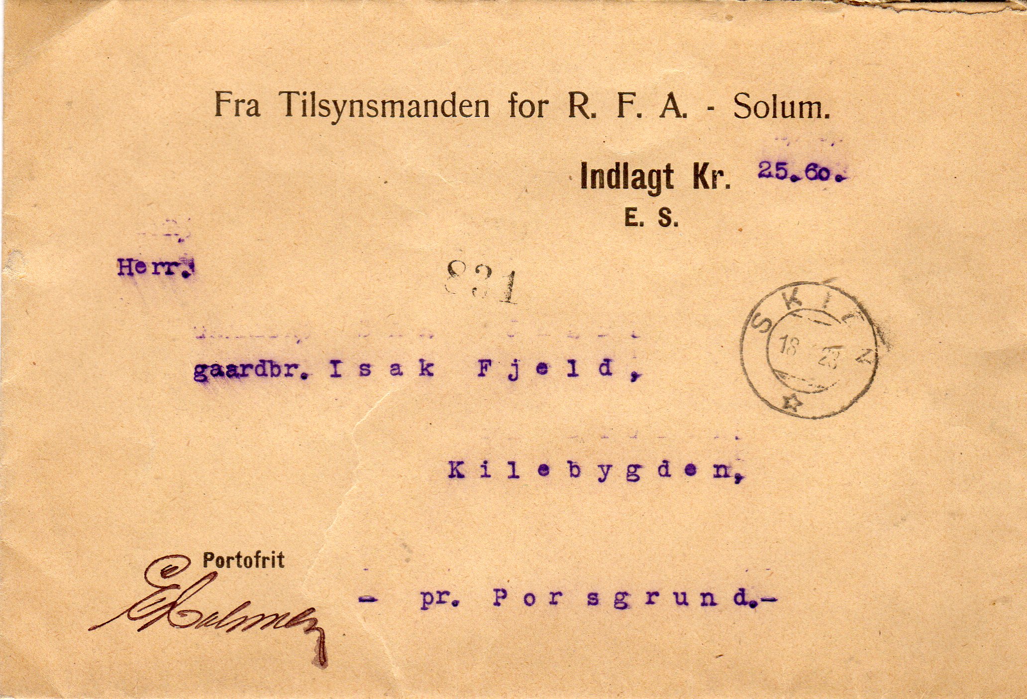 Fra Tilsynsmanden for RFA Solum nr 831 st Skien 18??1923 nr 10