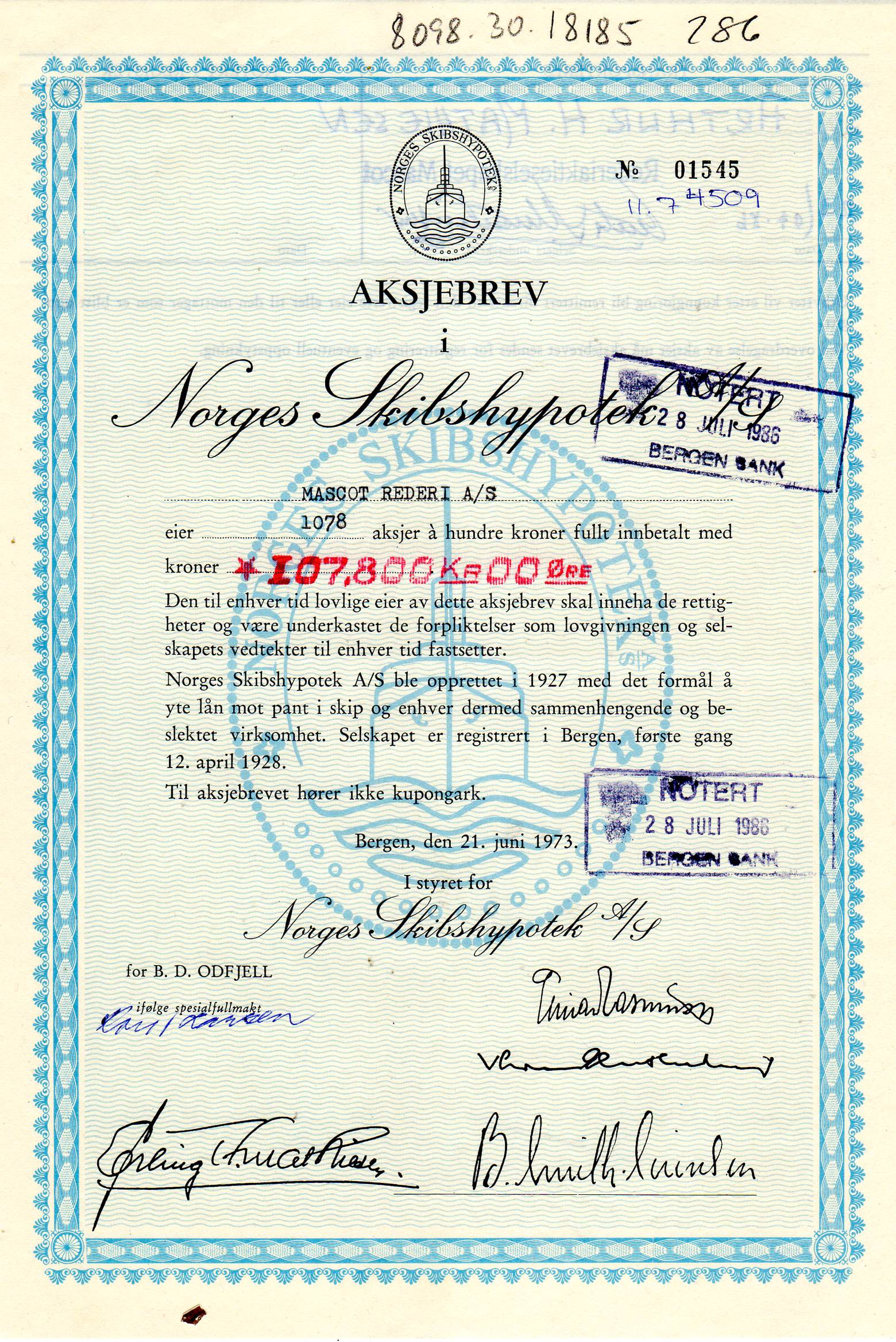 Norges skibshypotek Fana 1973 kr 100 nr 005/01545/0114 pris pr stk