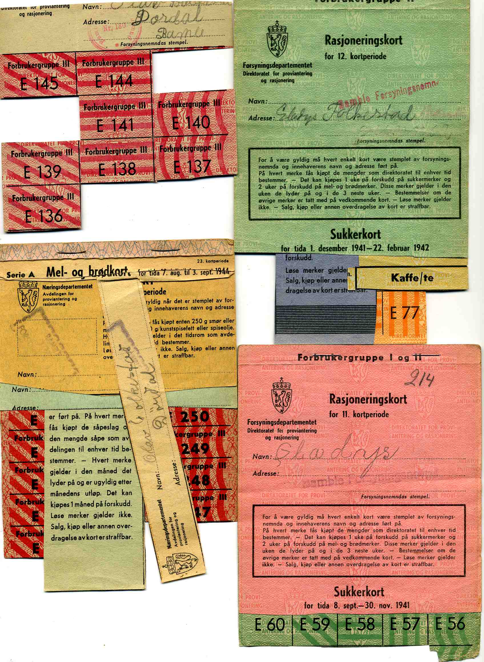 Sukkerkort/mel og brødkort/kaffe og te Bamble 1940-45