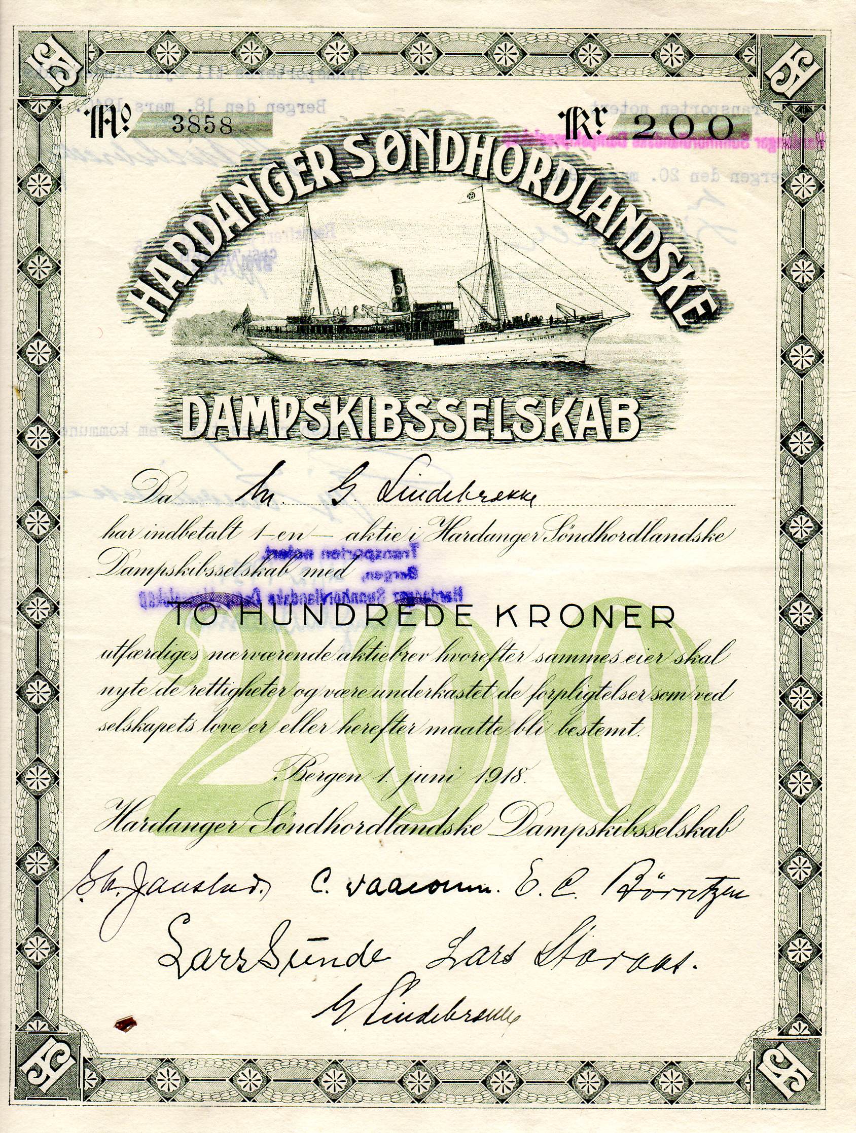 Hardanger Sunnhordalandske Bergen 1918 kr 200 nr 3858/3857/3855/5123/4166/6244 pris pr stk