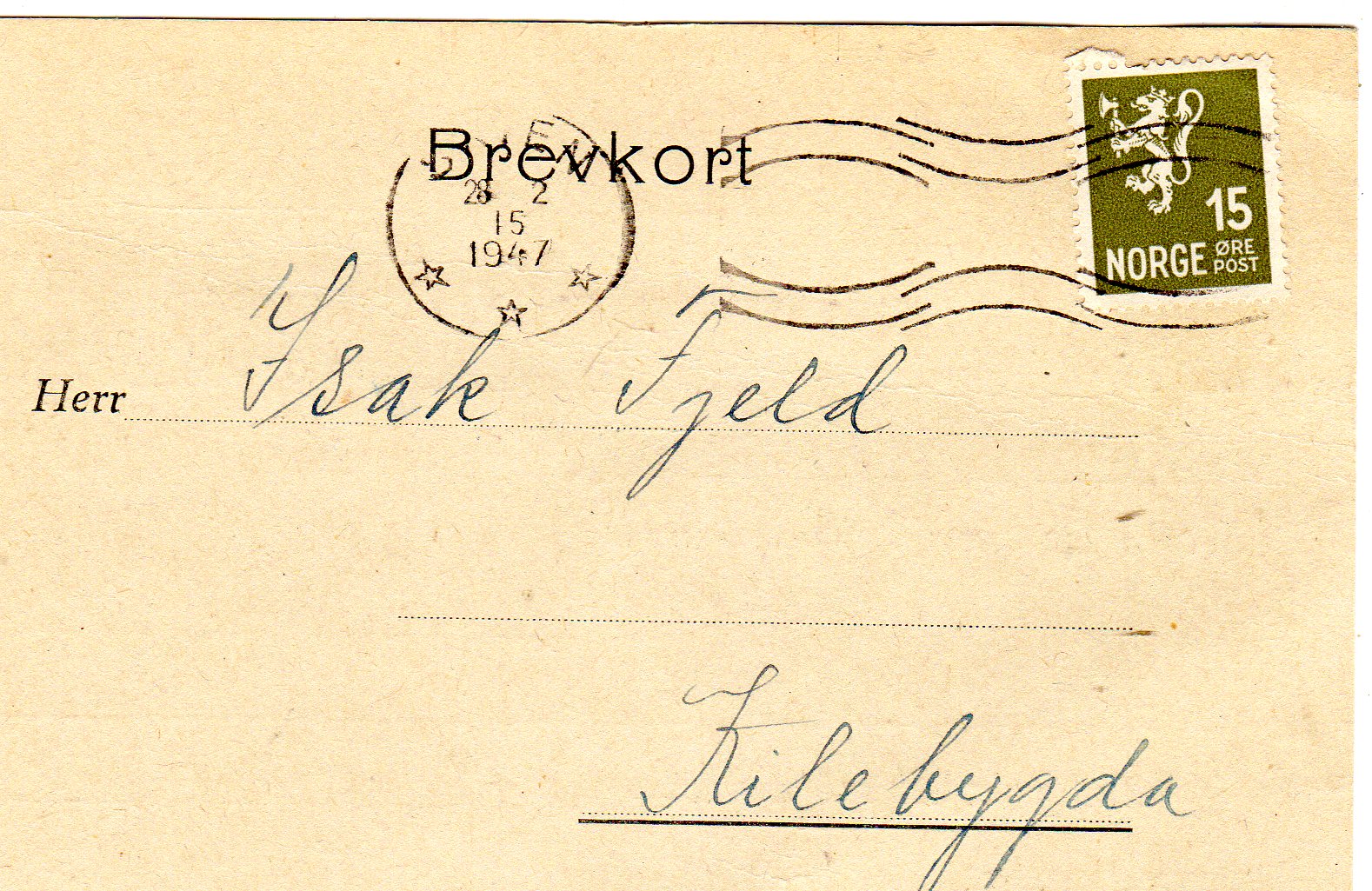 Brevkort st Skien 28/2 1947 nr M-5