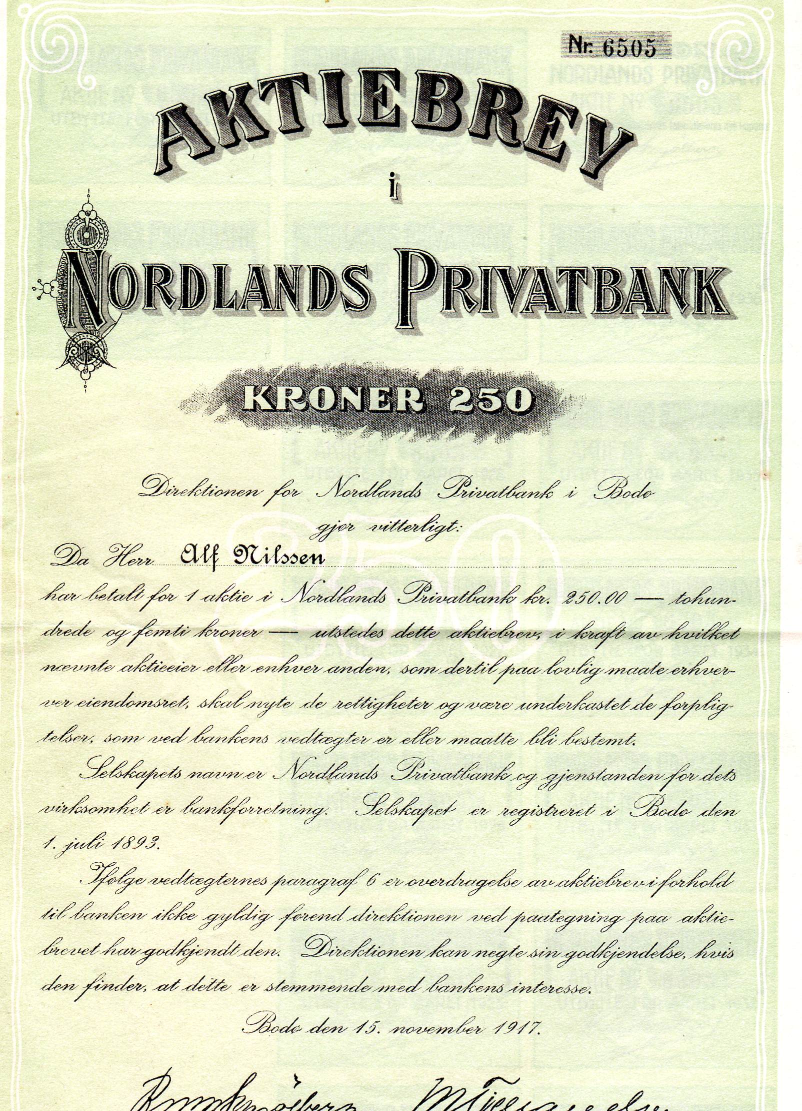Nordlands privatbank kr 250 Bodø 1917 nr 2782/6505/4880 pris pr stk