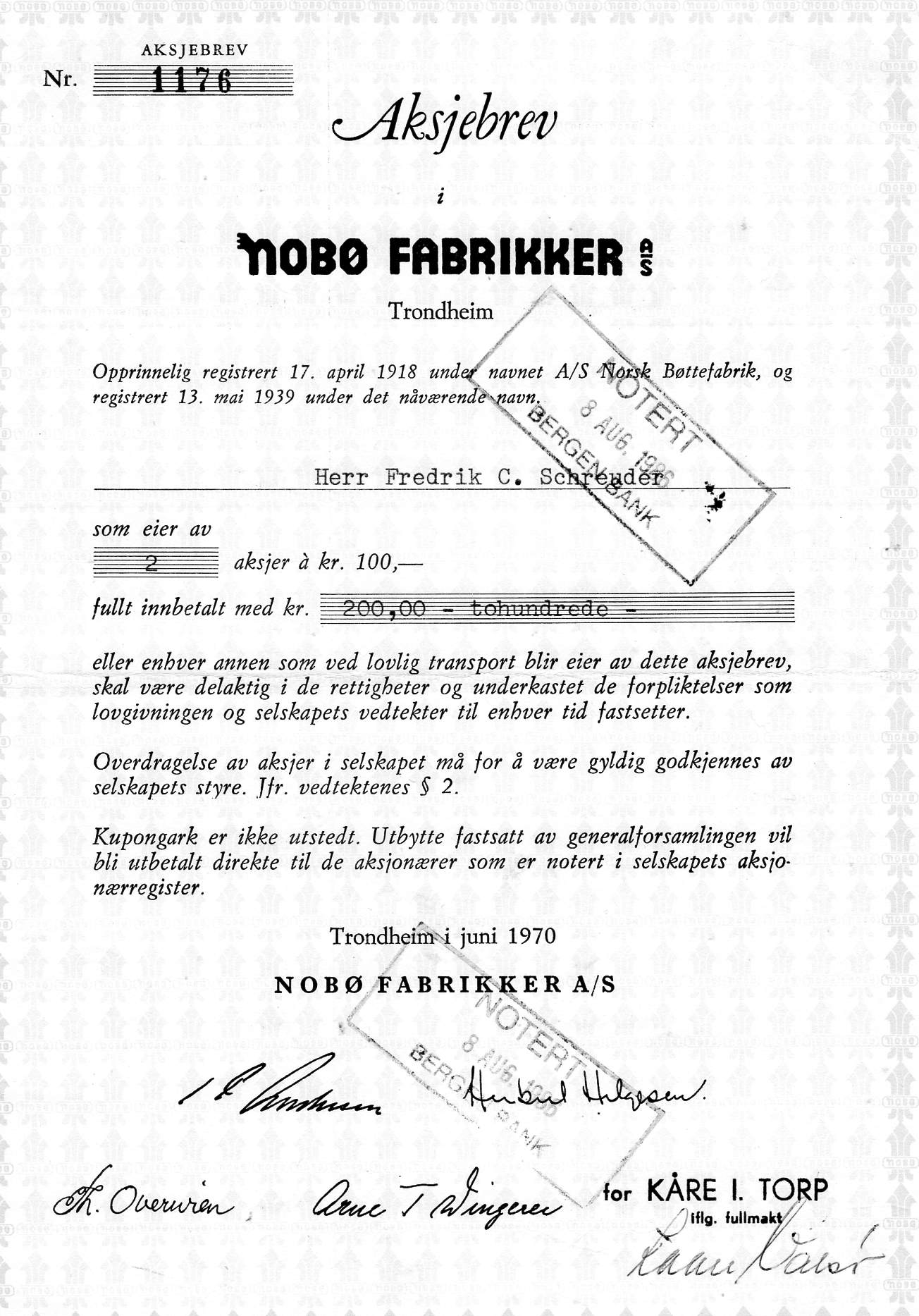 Nobø fabrikker Trondheim 1970 kr 100 nr 1176/6518 pris pr stk