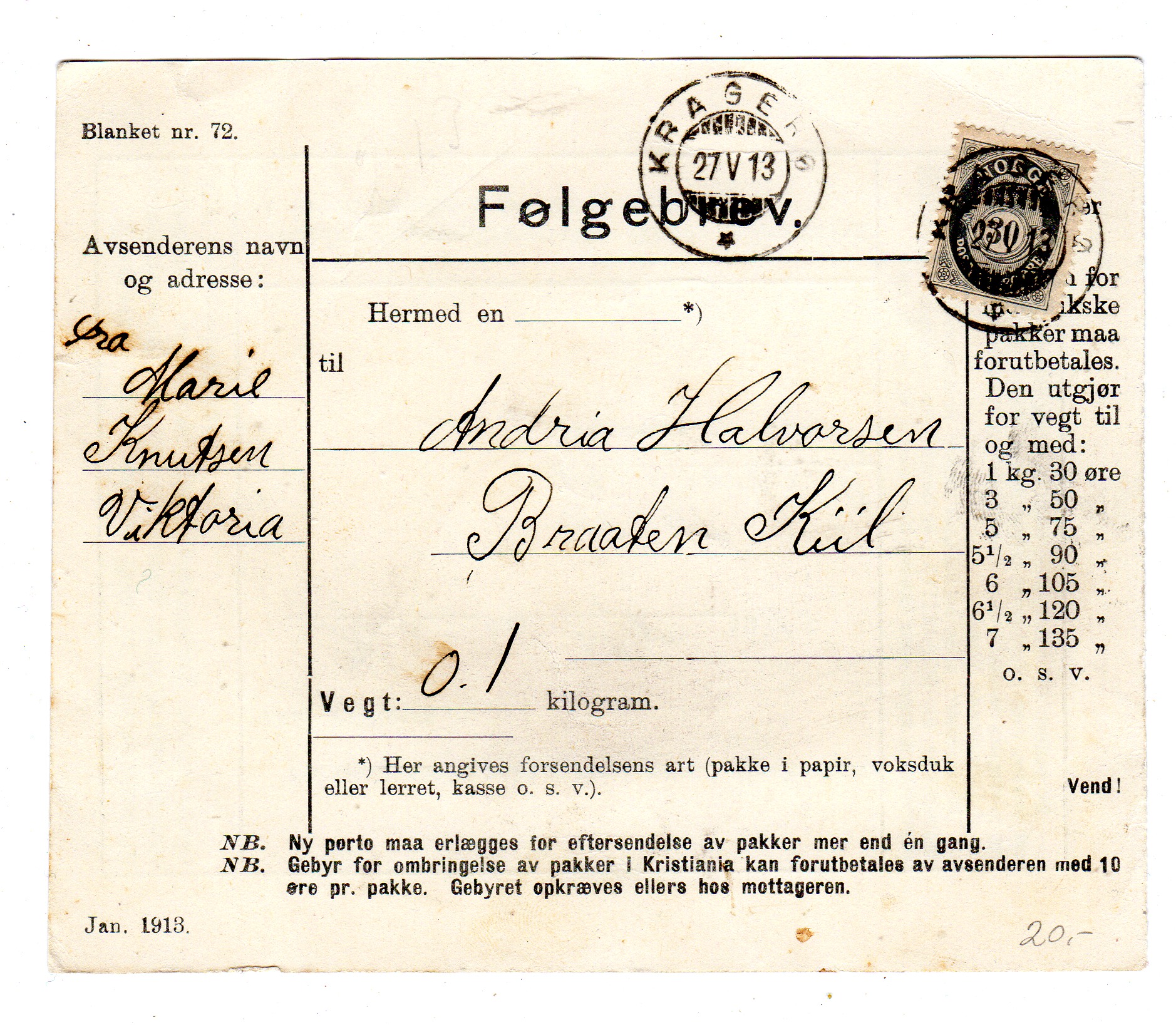 Følgebrev st Kragerø 1913