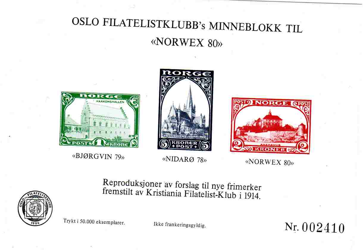 Oslo filatelistklubb"s minneblokk til "Norwex 80".Forslag til nye frimerker 1914(reproduksjon)