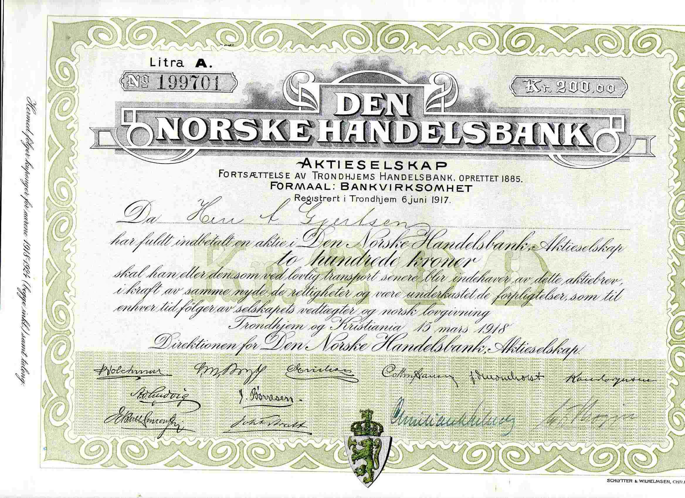 Den norske handelsbank kr 200 Litra A 199701 Trondhjem 1917
