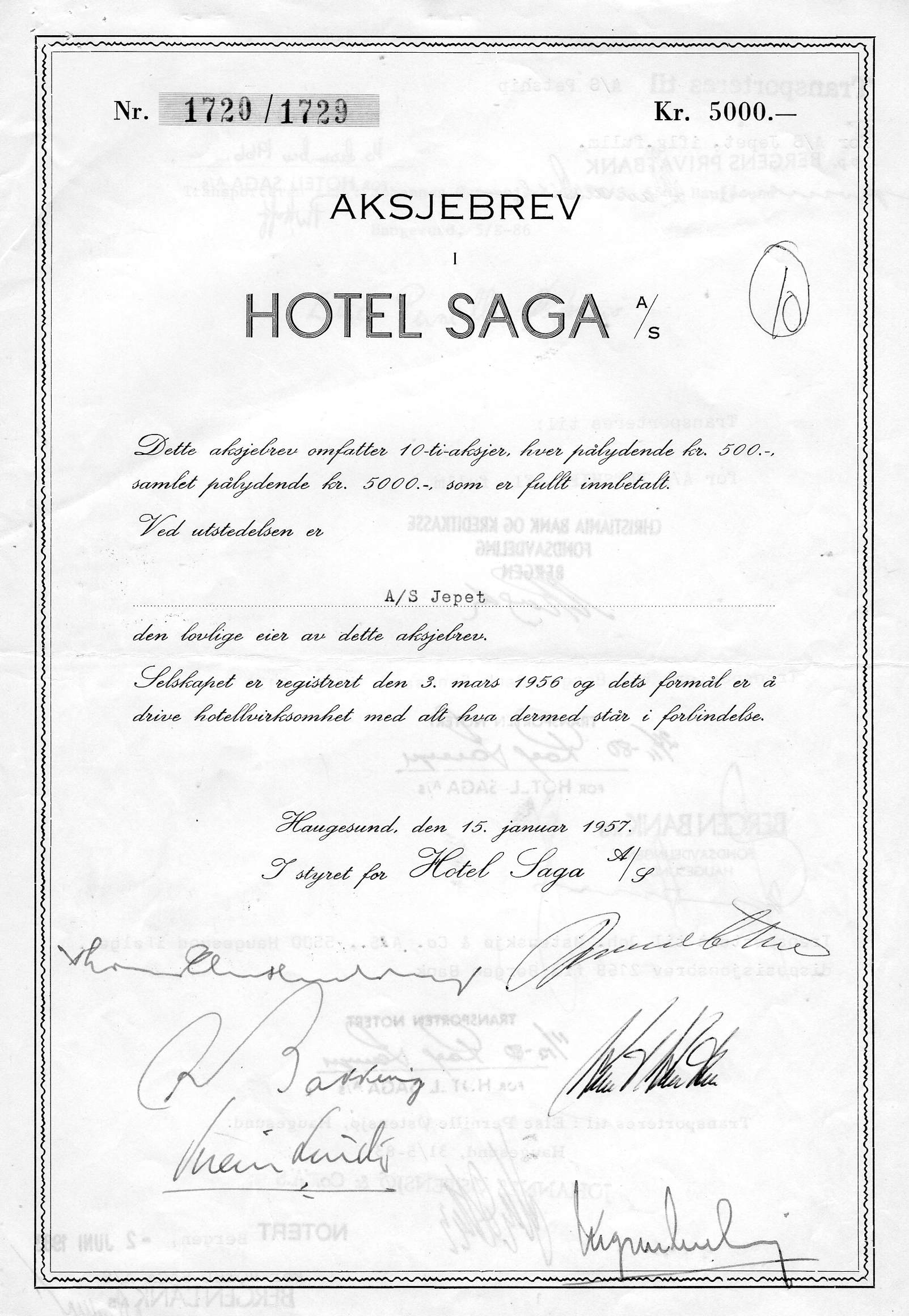 Hotel saga Haugesund kr 5000 1956 nr 435/444&1609/1618&1720/1729 pris pr stk