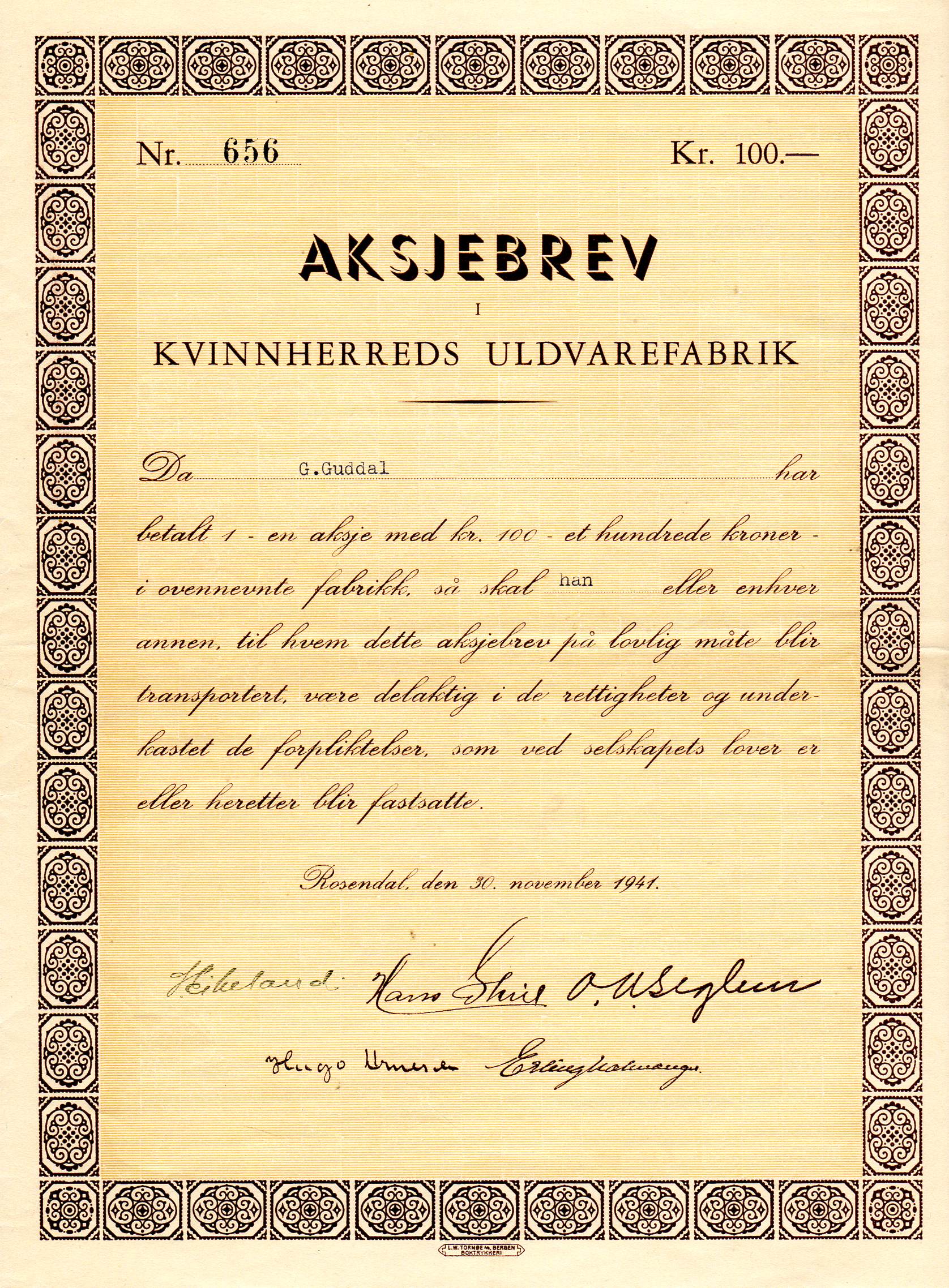 Kvinnherreds uldvarefabrik kr 100 Rosendal 1941 nr 663/656/647 pris pr stk