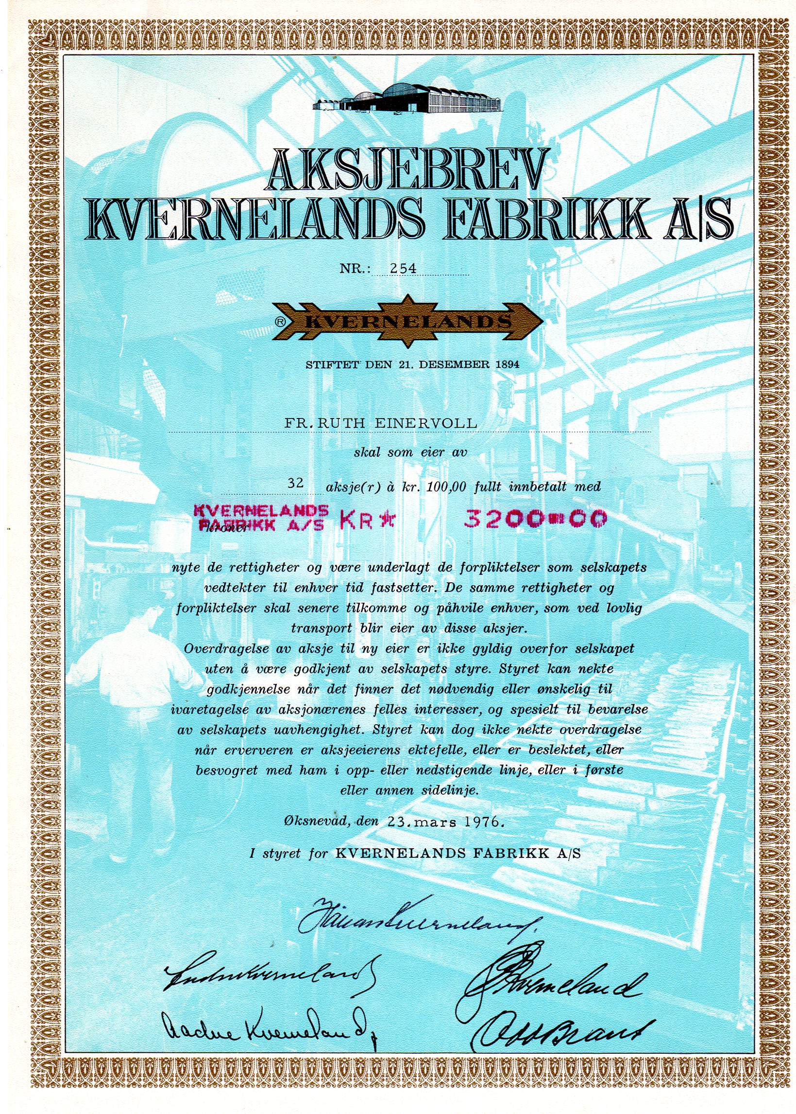 Kverneland Øksnevad 1976 kr 100 nr 259/260/254 pris pr stk