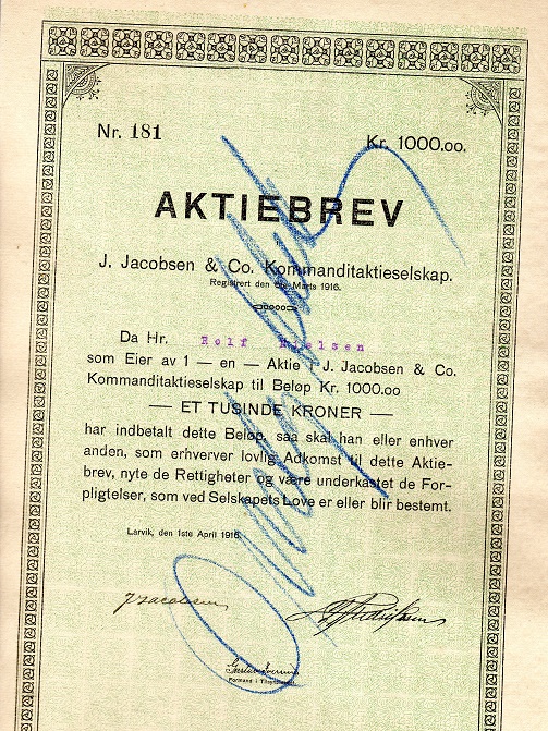 J Jacobsen Komanditaktieselskab nr 181 Larvik 1916
