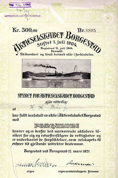 A/S Borgestad Porsgrund 1921 pål kr 500 nr 8805 kv1 Dek med skutebilde