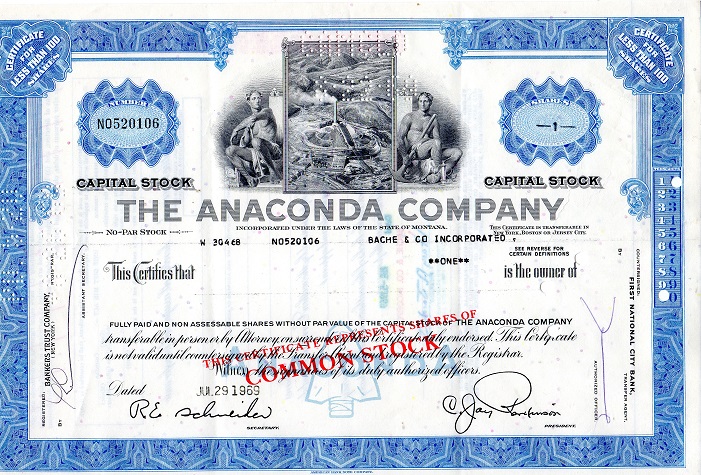 The Anaconda company 1 share NO 520106  1969