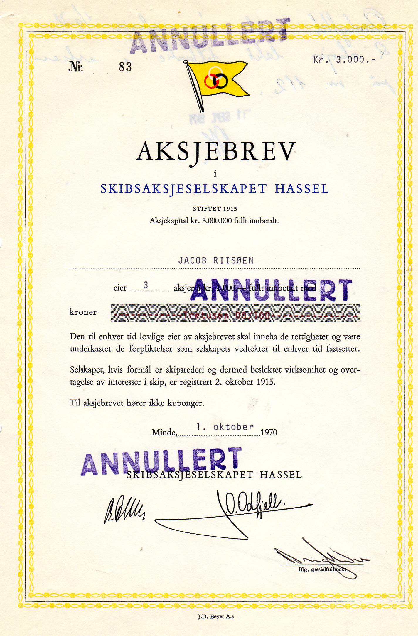 Hassel skibs AS Mine 1970 kr 1000 nr 83/77/107 pris pr stk