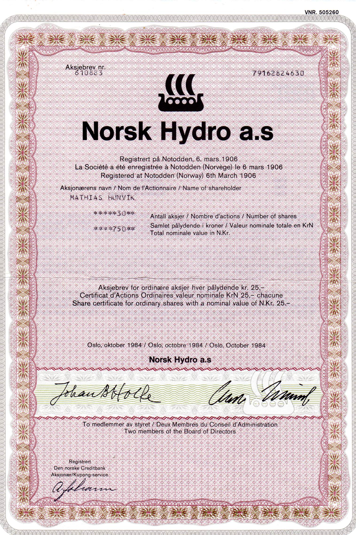 Norsk Hydro kr 25 Oslo 1984