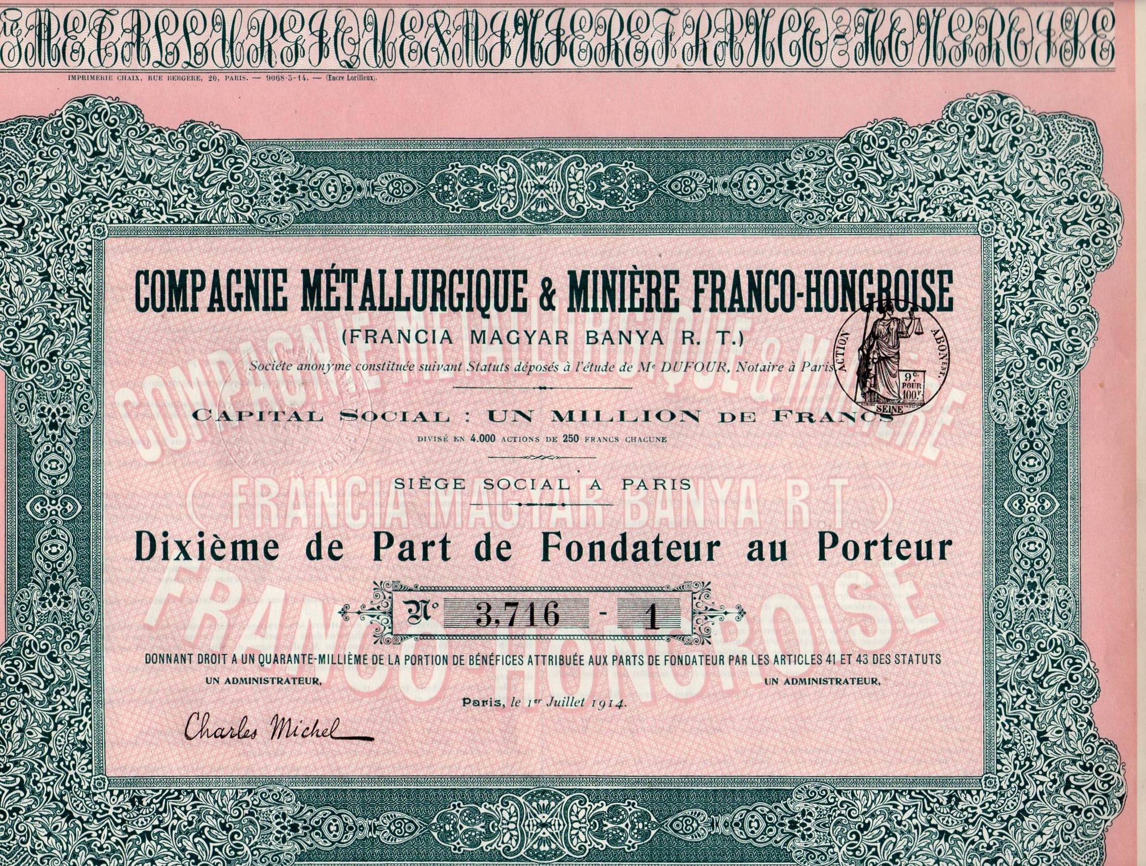 Compagnie metallurgique&Miniere Franco-Hongroise Paris 1914 250Fr nr 3714-7/5/1 pris pr stk