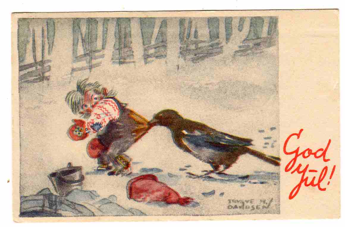 Trygve M Davidsen Julekort fra krigen Kråka har tatt nissens røde lue st Oslo 1947