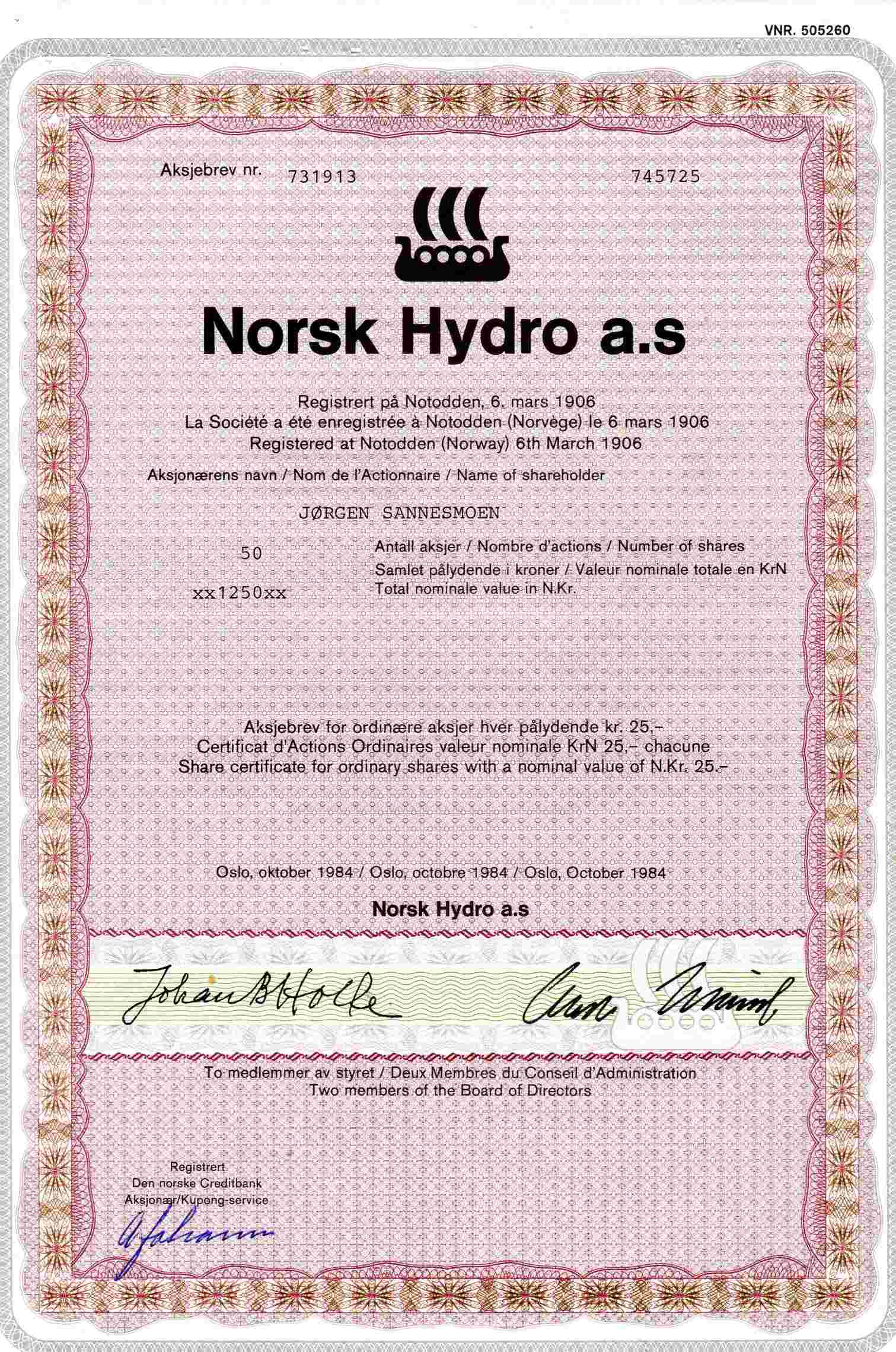 Norsk Hydro kr 50 Oslo 1984 pris pr stk