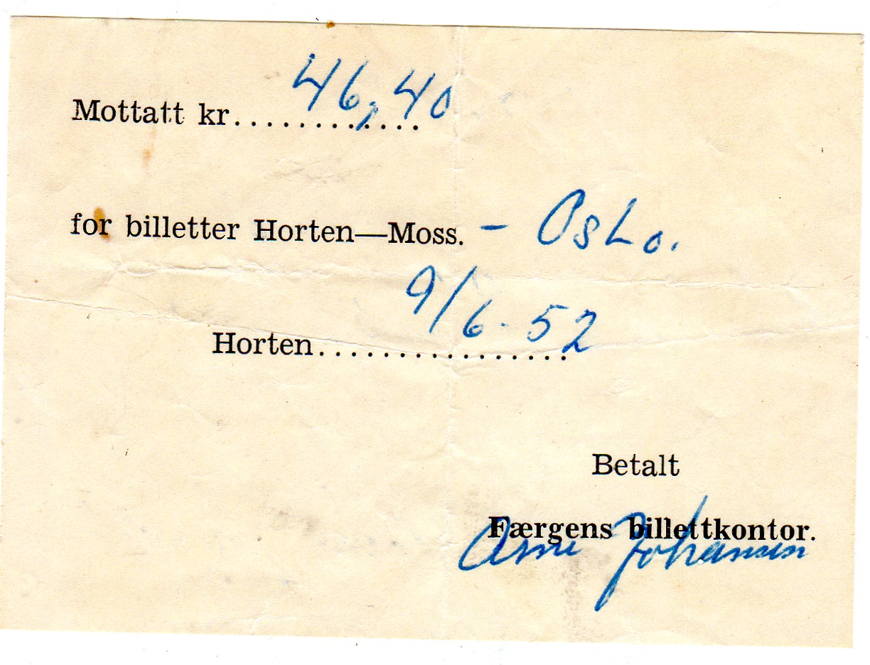 Billett Horten-Moss 1952