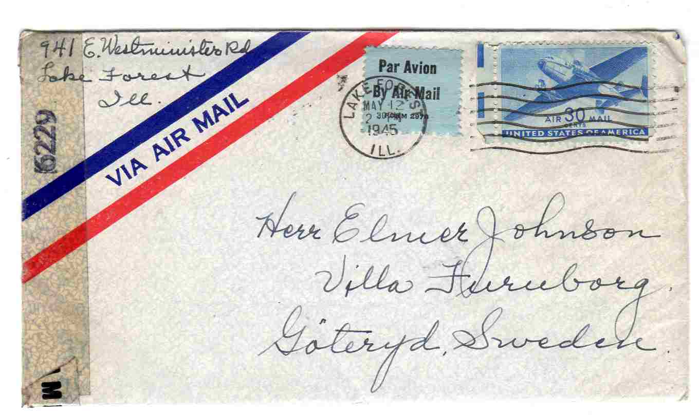 st Lake Forest 1945 6229 to Sweden Air mail