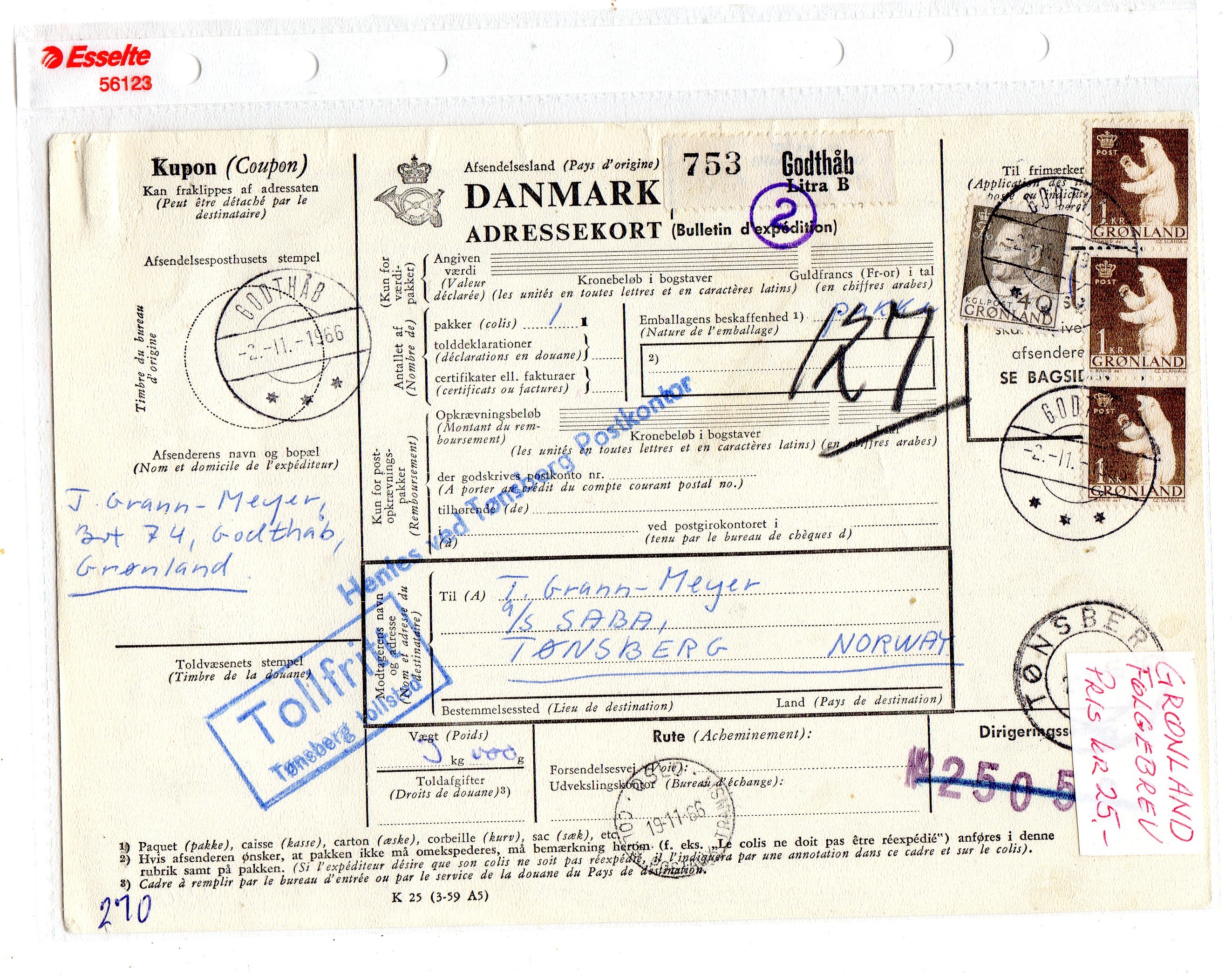 Danmark Adressekort  st Godthåb  1966