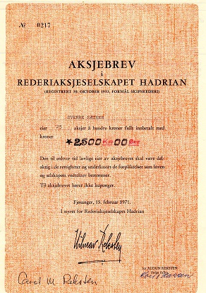 Hadrian rederi A/S Fjøsanger 1971 kr 2500 nr 0216/0217 pris pr stk