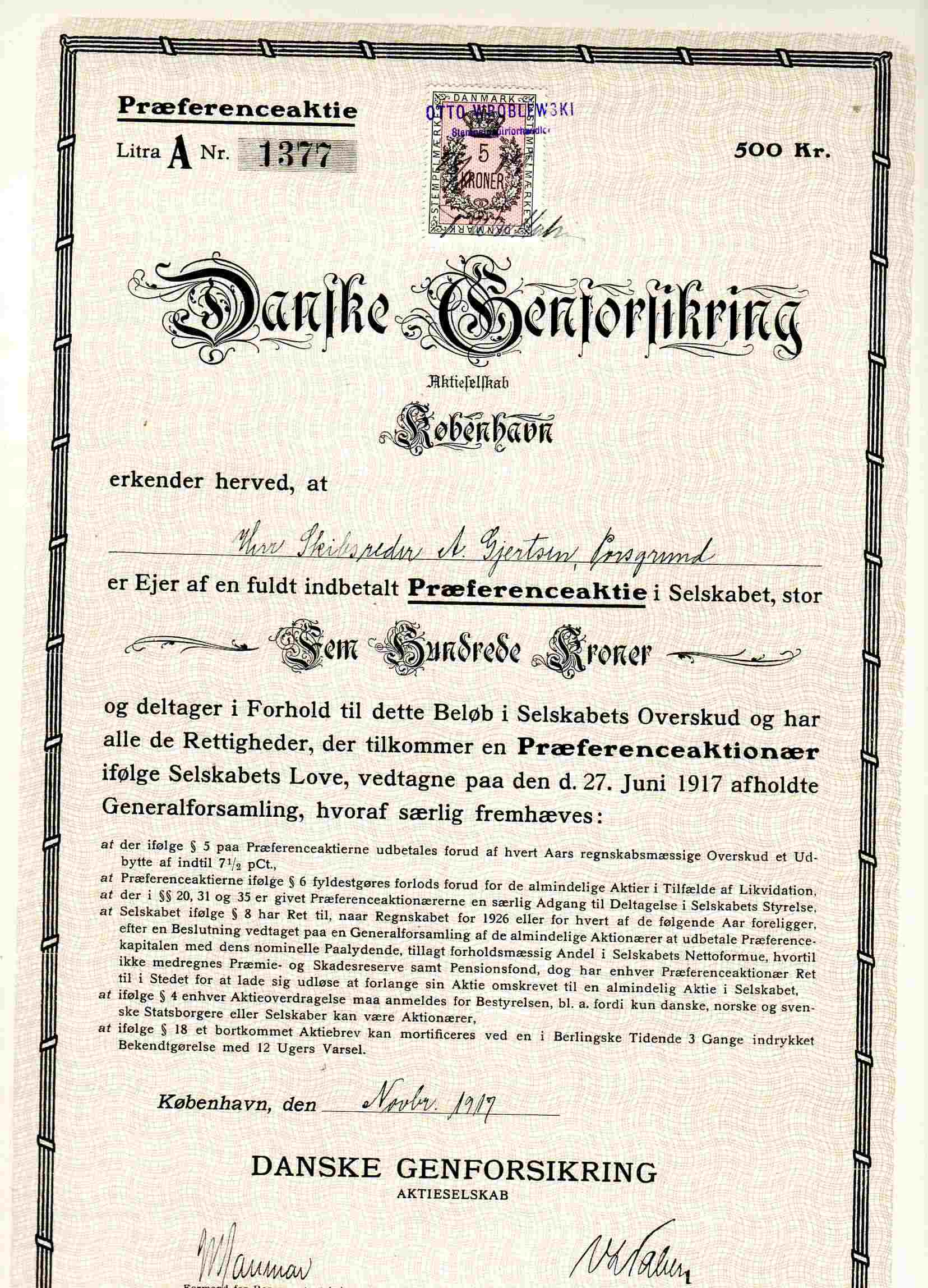 Danske genforsikring Litra A nr 1377 kr 500 kbh 1919