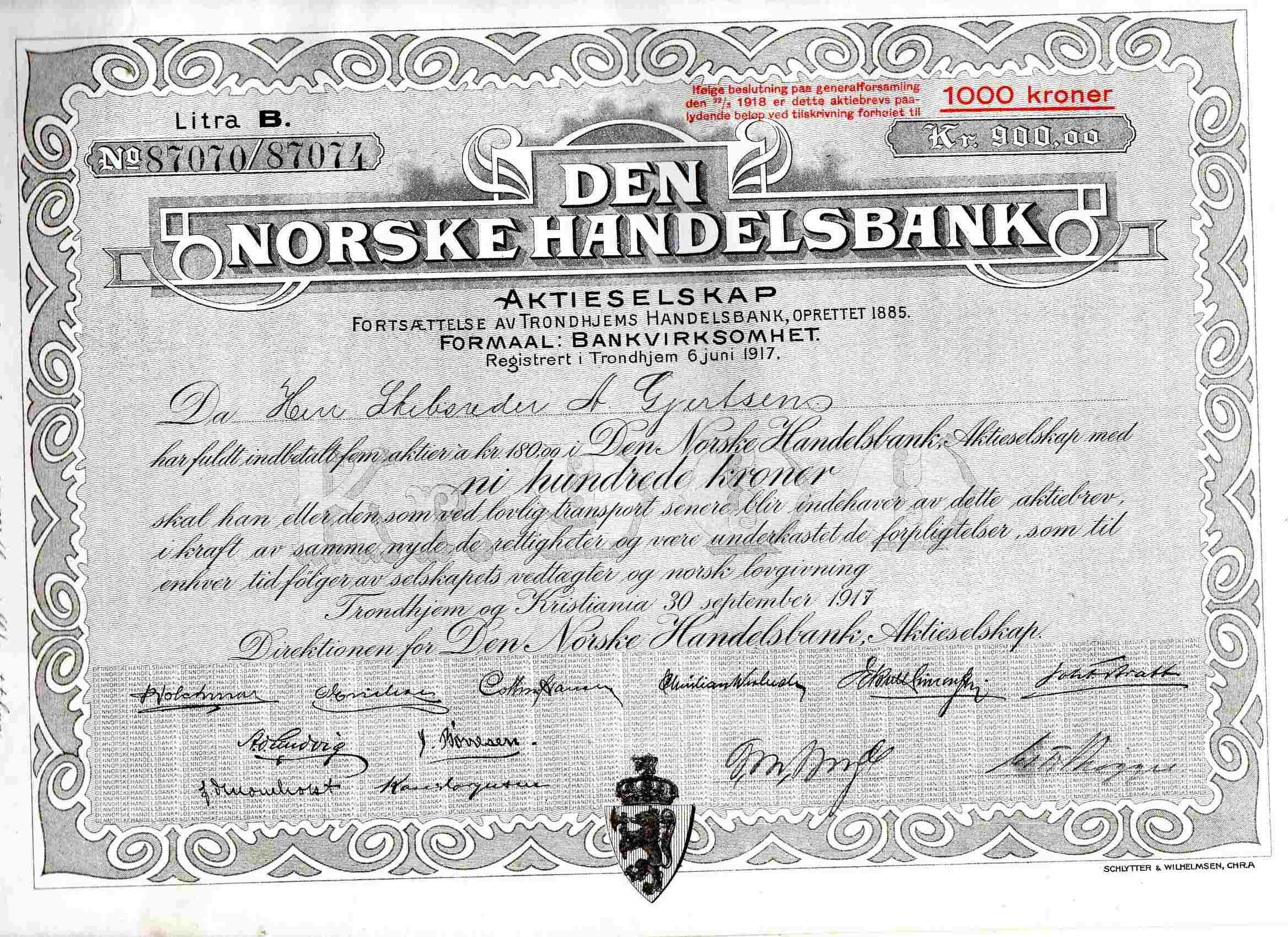 Den norske handelsbank kr 1000/900 Litra B 199700 Trondhjem 1917