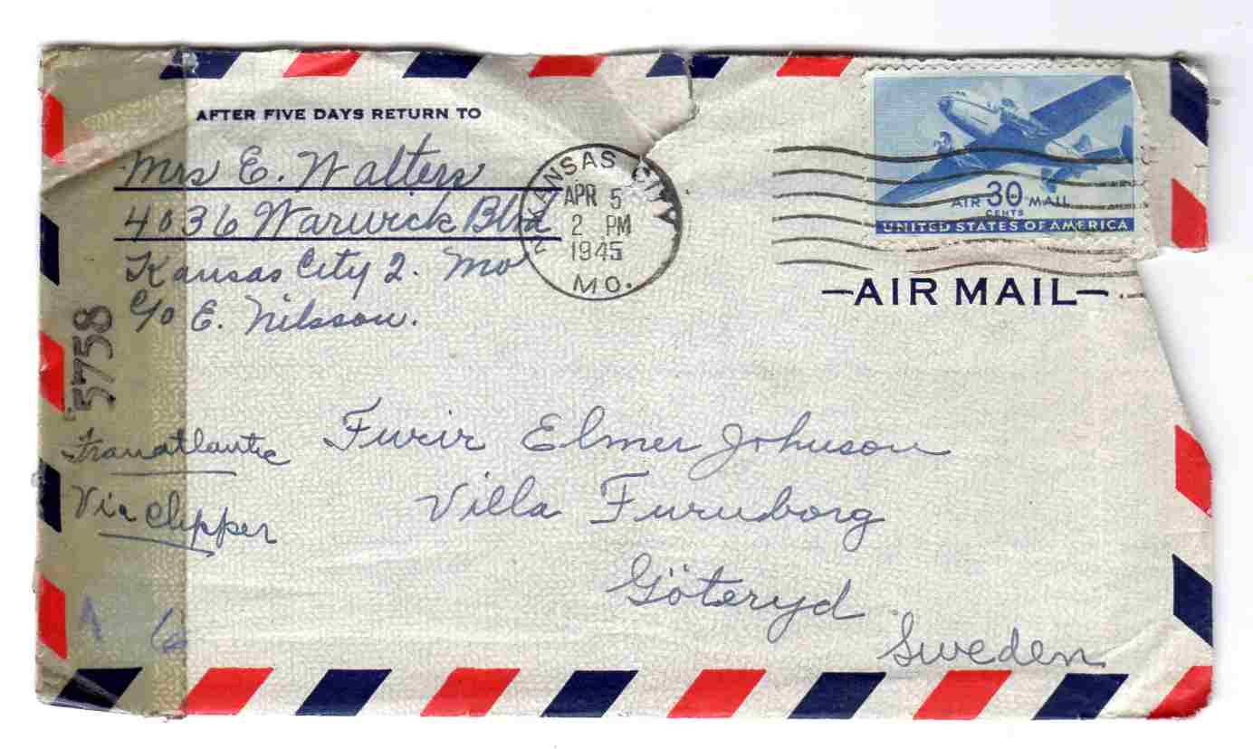 st kansas 1945 med brev rift air mail med brev to Sweden