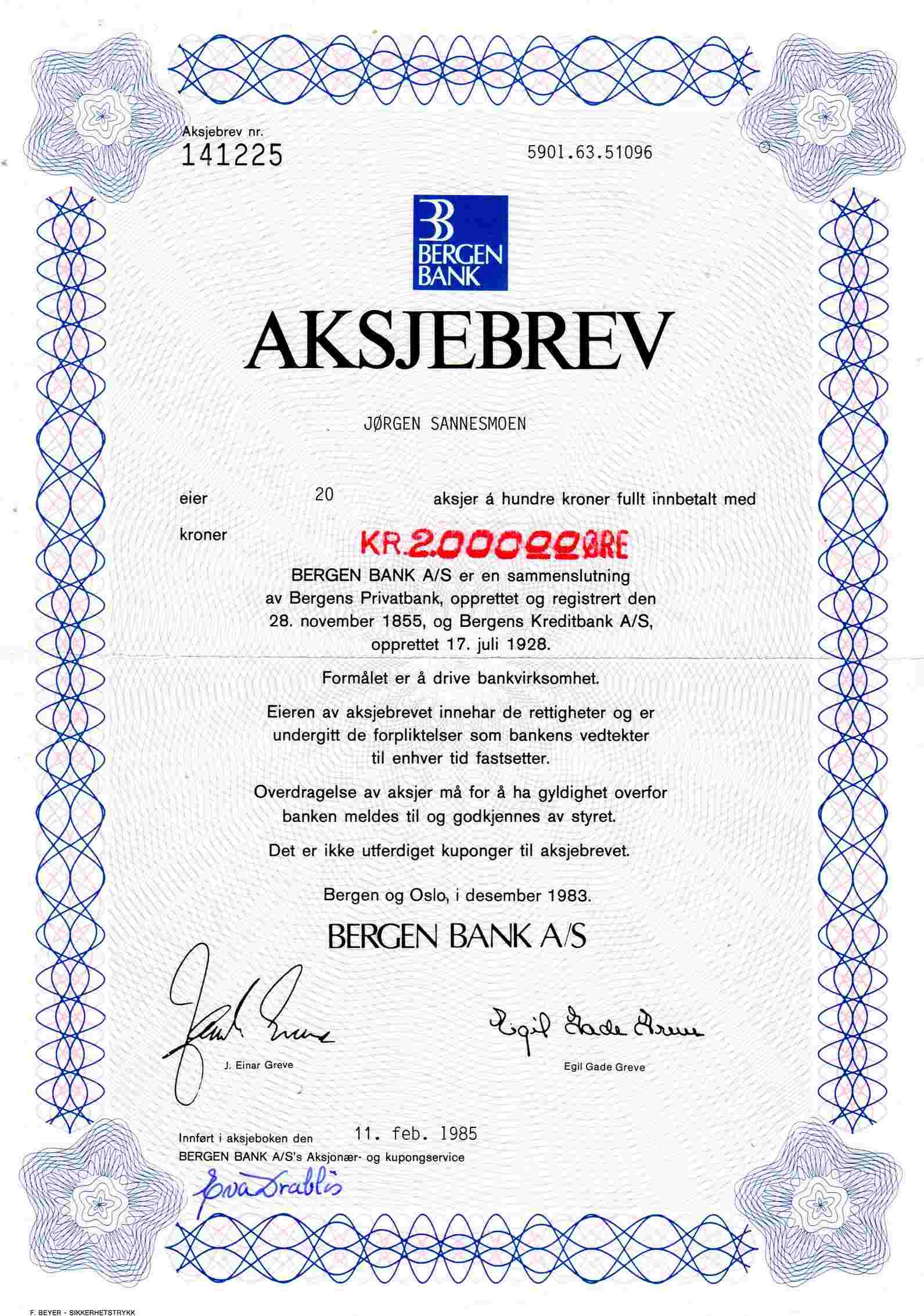 Aksjebrev Bergen bank kr 2500/2000/500 pris pr stk B&O 1983&1985