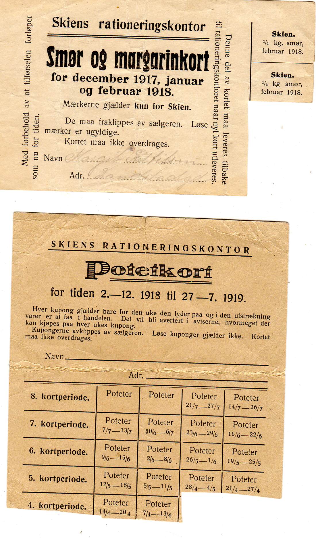 Skien rationeringskort Potet og smør/margarin 1 verdenskrig