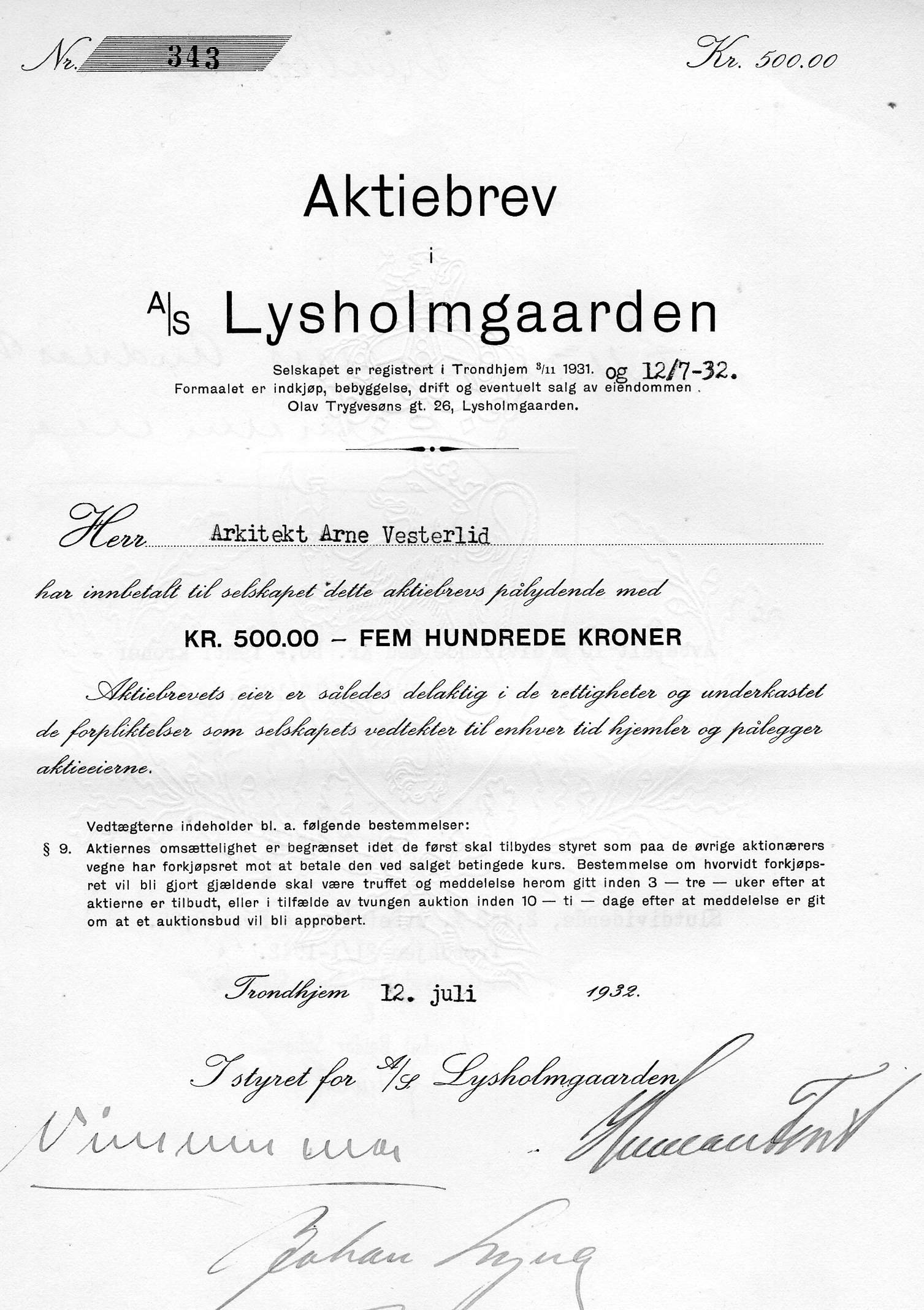Lysholmgaarden Trondhjem 1932 kr 500 nr 342/343/344/341 pris pr stk